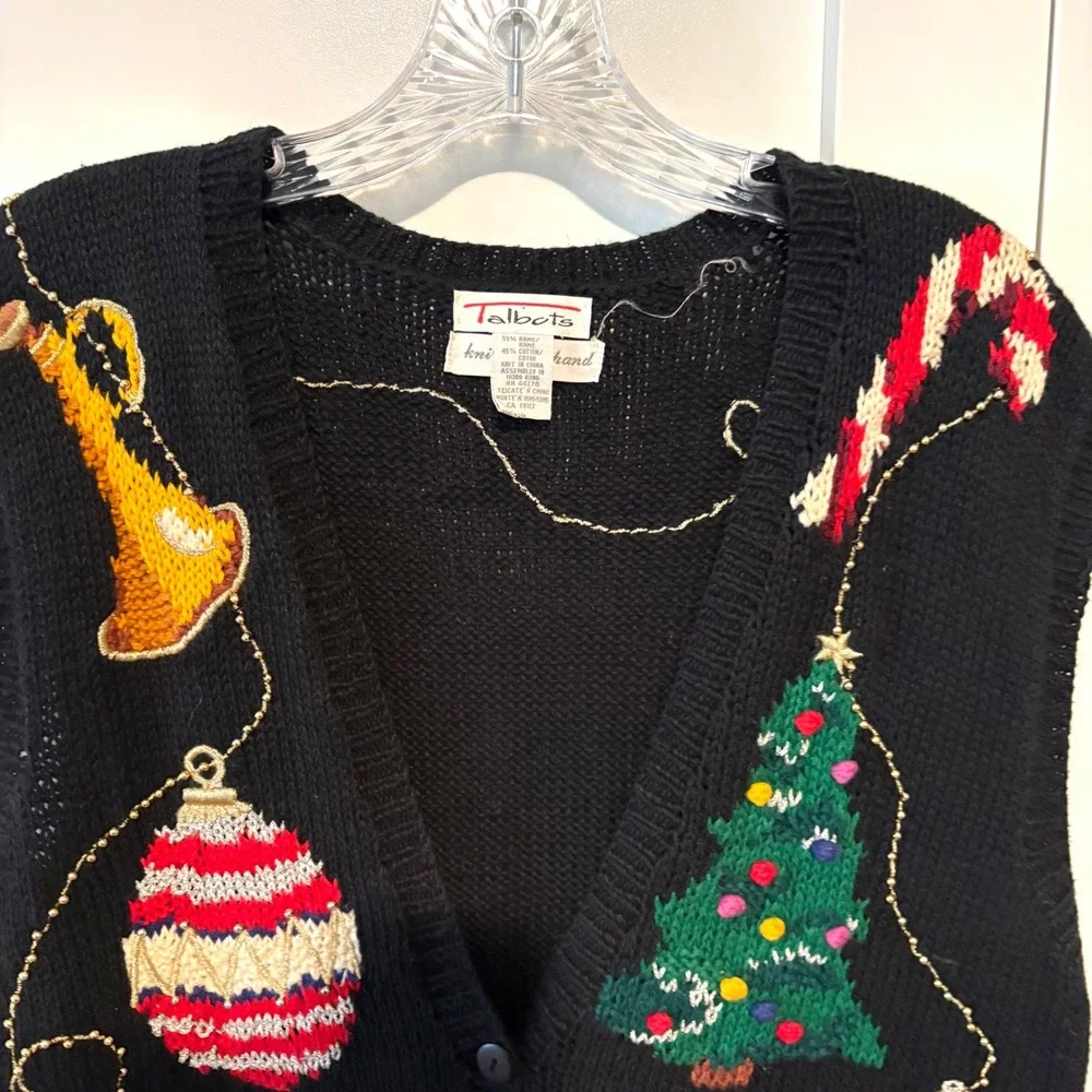 Talbots Women's Black Hand Knit Beaded Embroidered Christmas Sweater Vest Size M